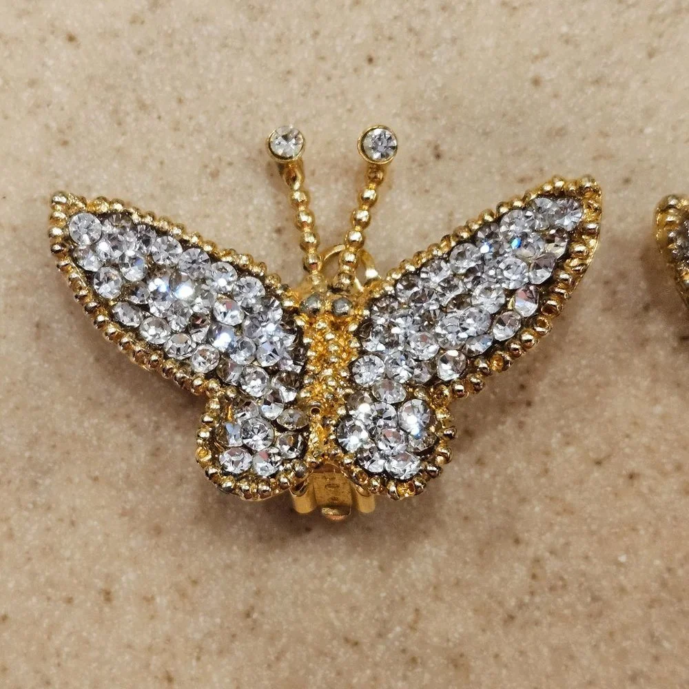 RARE HAUTE COUTURE DESIGNER SIMAN TU BUTTERFLY CRYSTAL GOLD STATEMENT EARRINGS